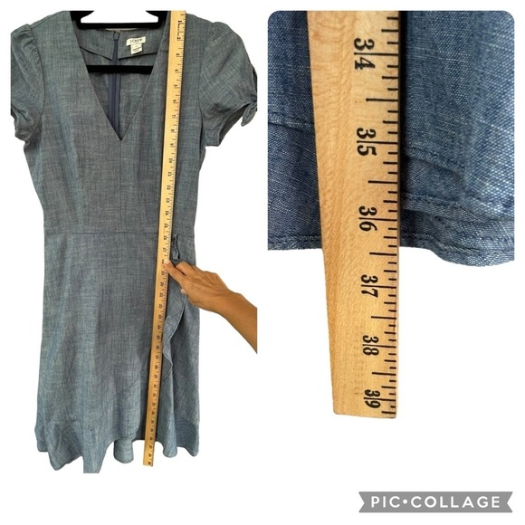 J. Crew Short Sleeve V-Neck Faux Wrap Ruffle Chambray Mini Dress Preppy - Sz 00 - Picture 15 of 15